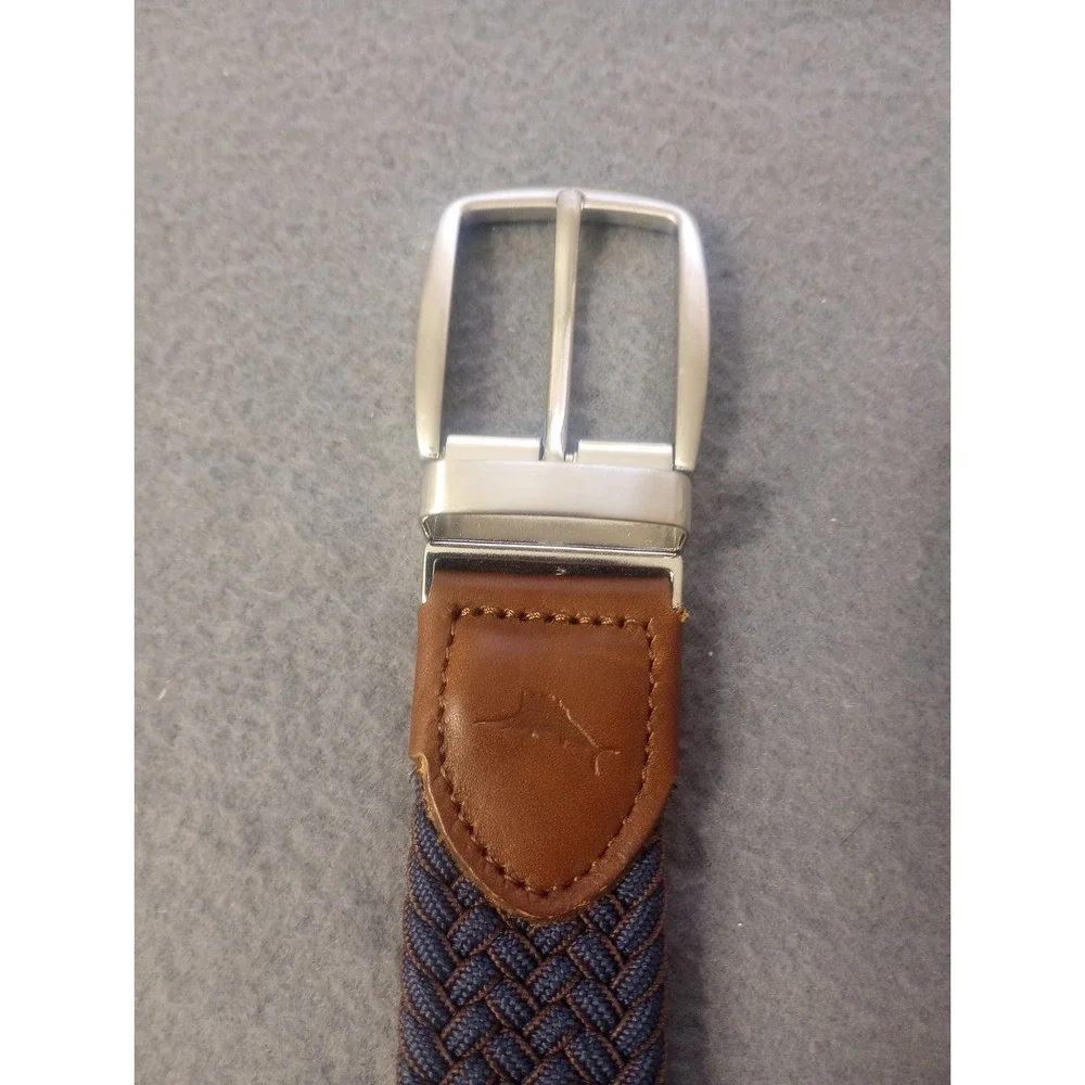 Tommy Bahama Braided Genuine Leather Trim Belt Blue Brown Size S / M Adjustable